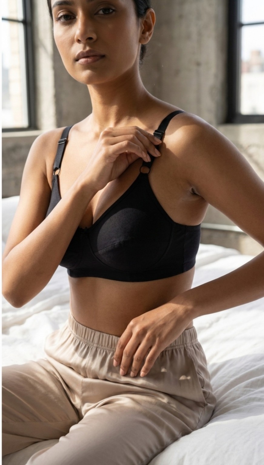 Black cotton bra in natural light
