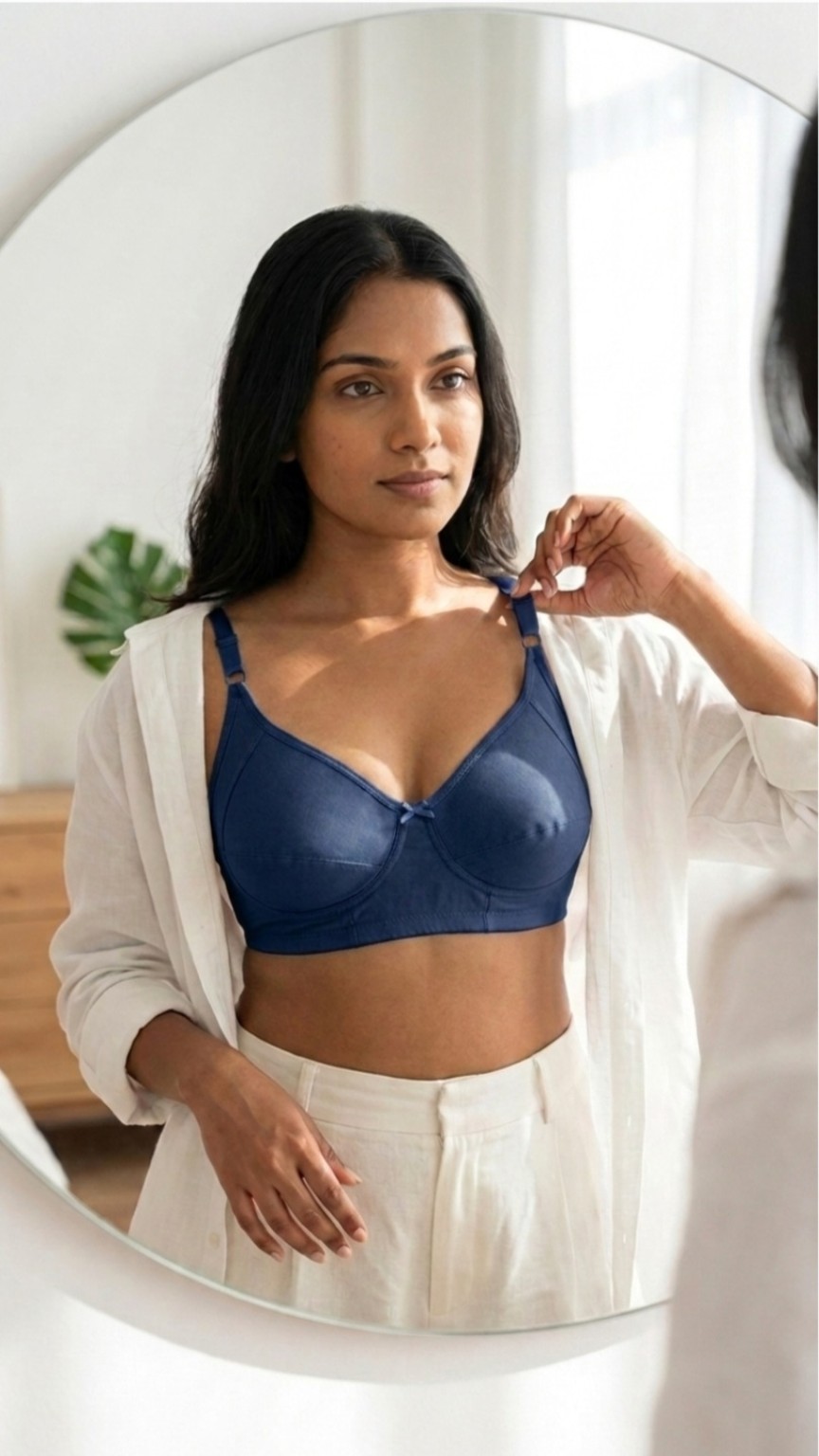 Navy cotton bra in a mirror